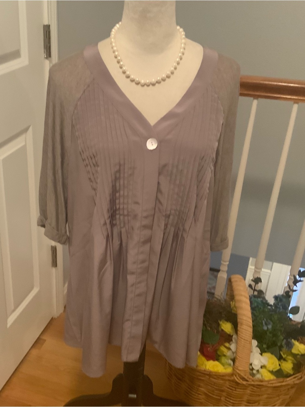 Women's tan V-Neck Pleated Button Front Top. Size medium